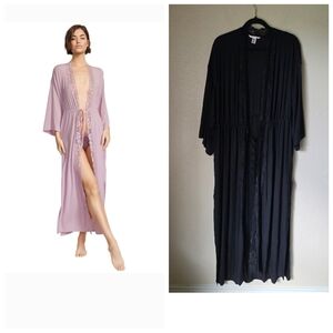Victoria's Secret Ribbed Modal Lace Trim Long Robe Black Size M/L